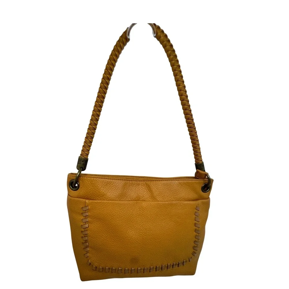 The Sak Flores Leather Shoulder Bag Amber Color Braided Strap Hobo Boho Western